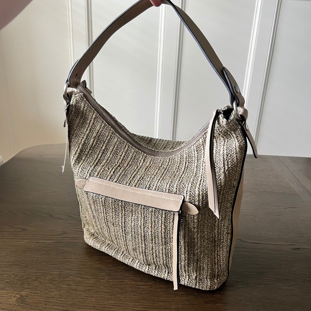 Sondra Roberts Squared Tan Woven Straw Hobo Shoulder Bag New With Tags